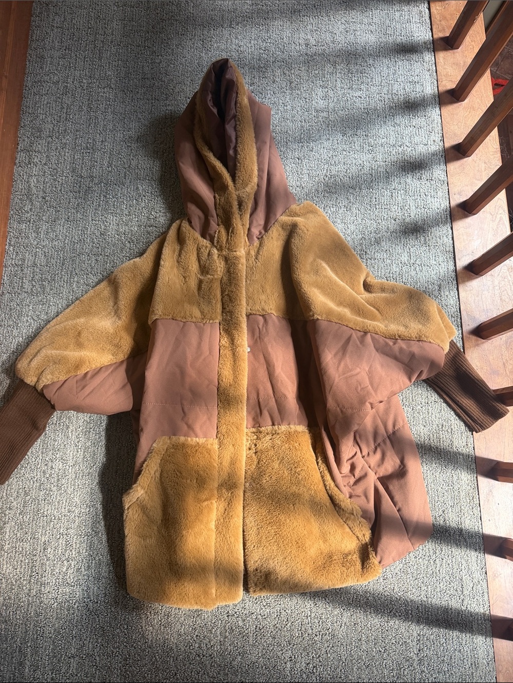Amazon Women's Patchwork Teddy Jacket in Brown and Tan